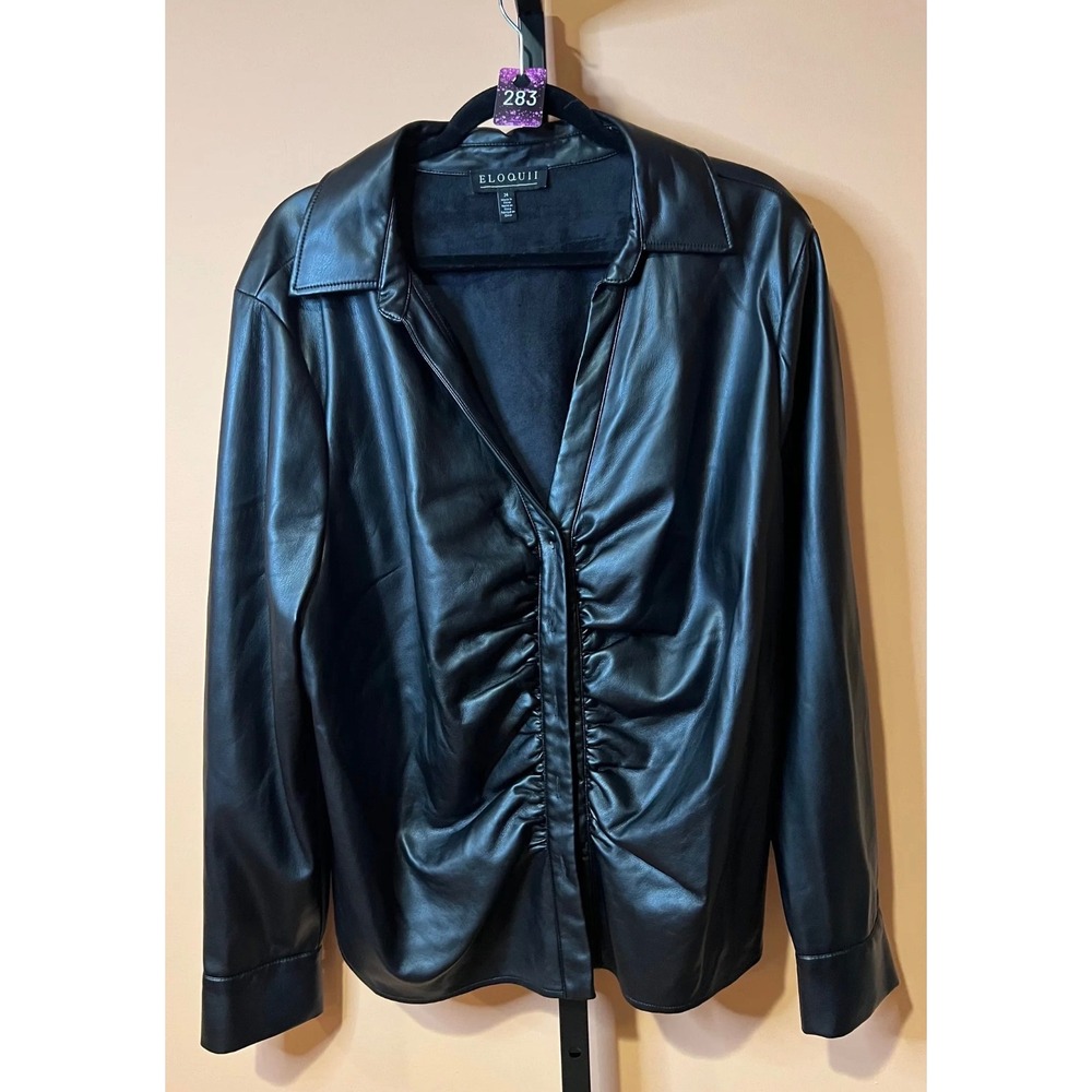 Eloquii Black Faux Leather Ruched V-Neck Long Sleeve Top Plus Size 24